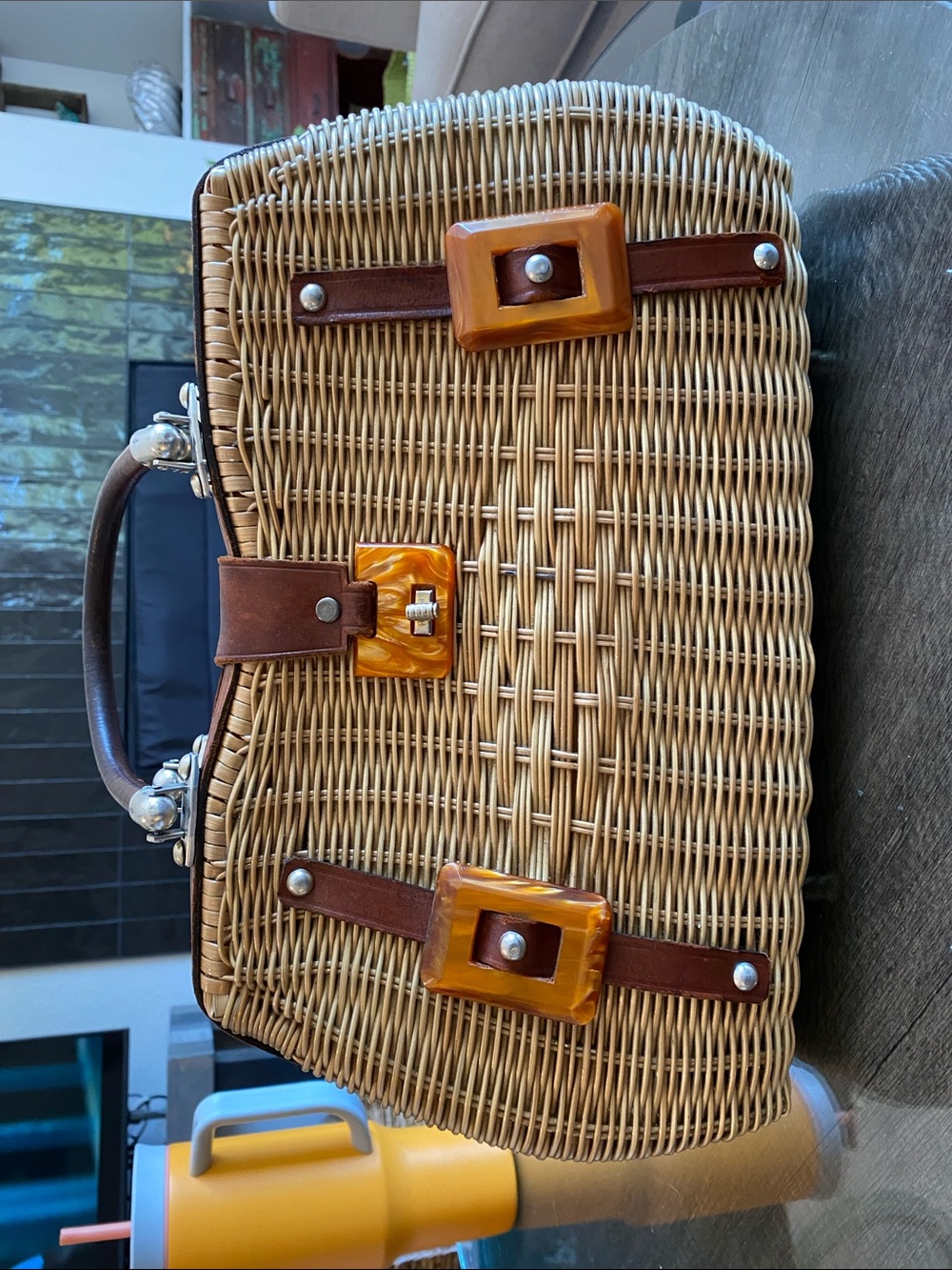 Vintage Wicker Handbag with Brown Leather and Amber Accents- gorgeous!!!